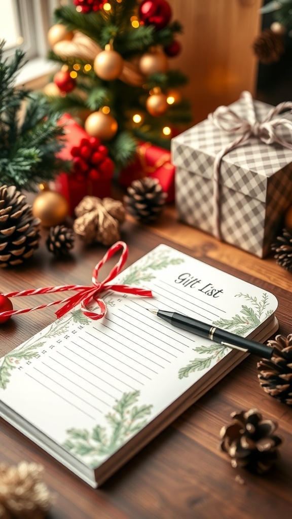 Christmas Gift List Setup A Christmas gift list setup with a notebook, pen, and holiday decorations.